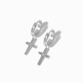 Silver-tone Stainless Steel Cubic Zirconia 15MM Cross Huggie Hoop Earrings,