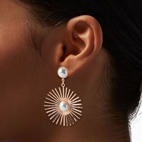 Gold-tone Sunburst Pearl Drop Earrings ,