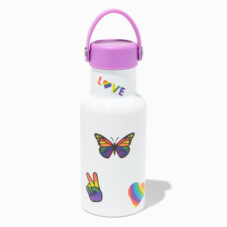 White Stainless Steel Water Bottle with Rainbow Stickers,