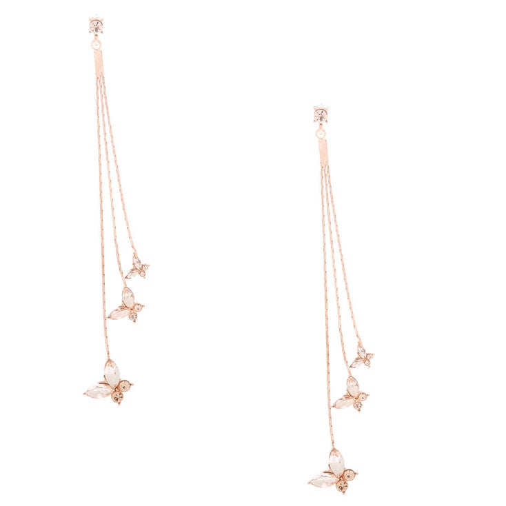 Rose Gold Rhinestone 2" Butterfly Drop Earrings,
