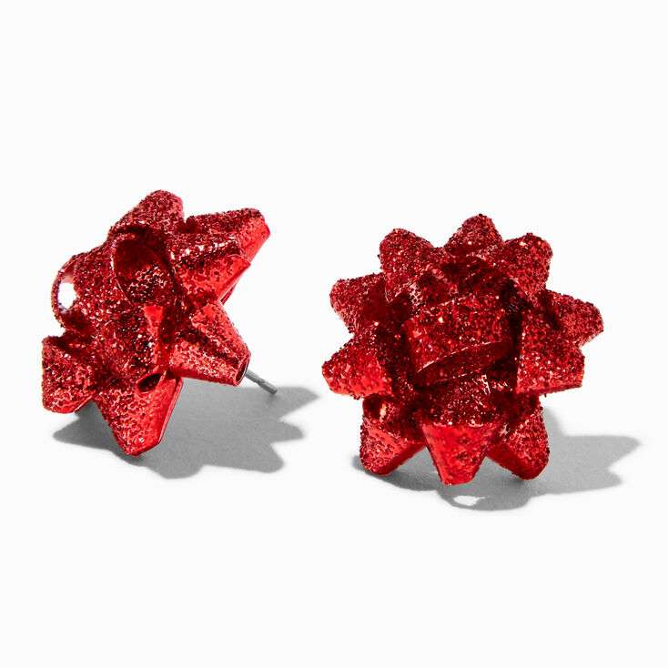 Glittery Red Gift Bow Stud Earrings,