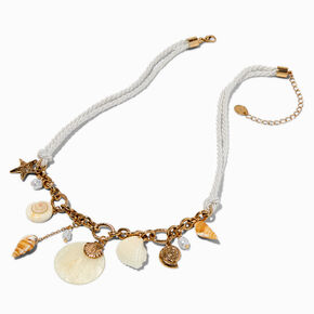 Gold-tone Seashells White Rope Charm Necklace ,