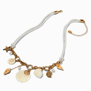 Gold-tone Seashells White Rope Charm Necklace ,