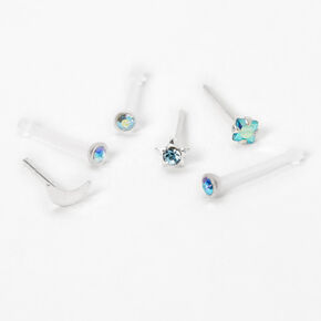 Sterling Silver Graduated Moon &amp; Star Nose Studs - Blue, 6 Pack,