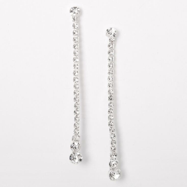 Silver 2&quot; Rhinestone Linear Graduated Round Tip Drop Earrings,
