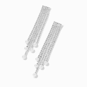 Silver Crystal Fringe Pearl 2.5&quot; Linear Drop Earrings,