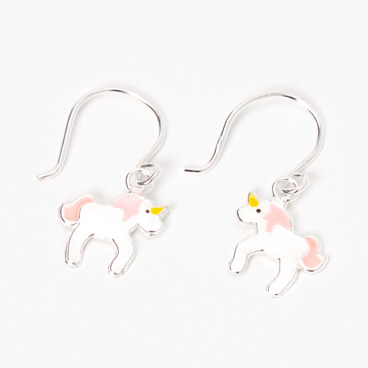 Sterling Silver 0.5&quot; Unicorn Drop Earrings - White,