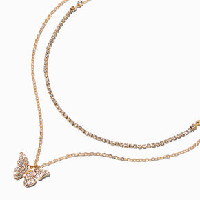Gold-tone Crystal Butterfly Multi-Strand Necklace ,