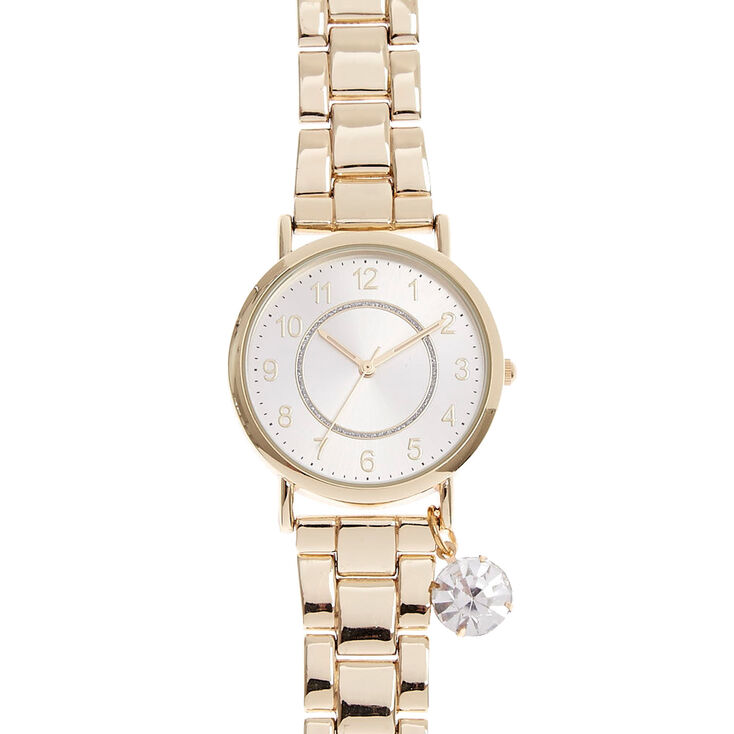 Gold-Tone Watch with Simulated Rhinestone Charm,
