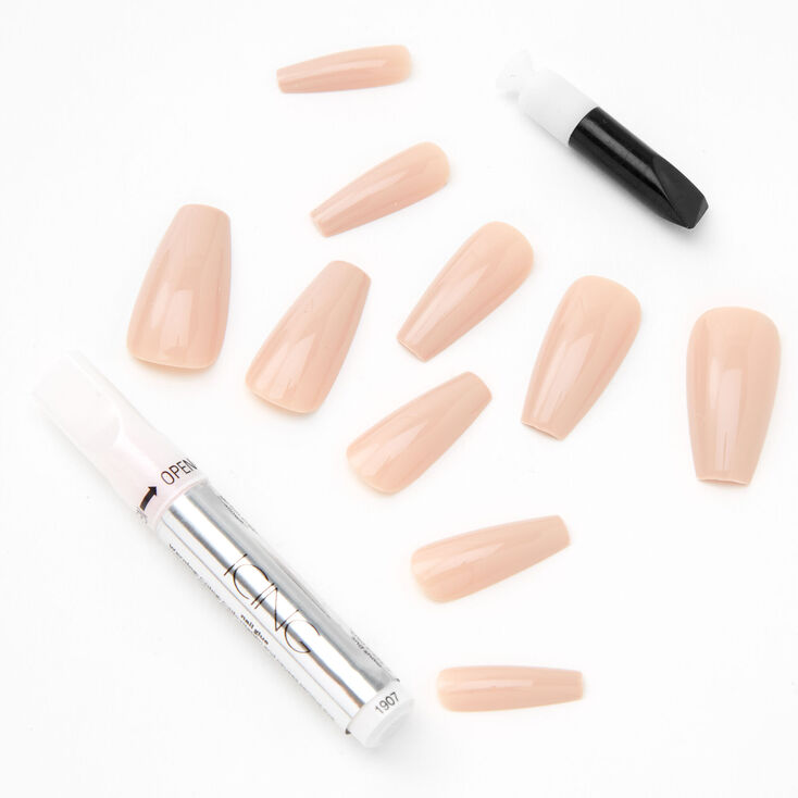 Glossy Nude Squareletto Faux Nail Set - 24 Pack,