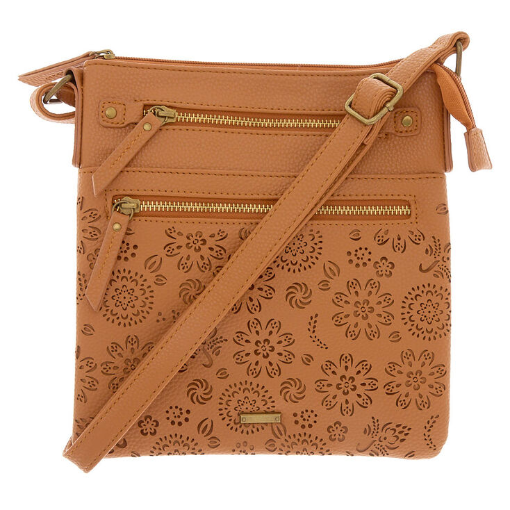 Filigree Cut Perforated Midi Passport Crossbody Bag - Cognac,