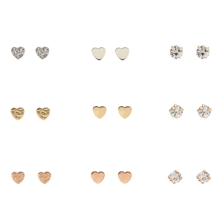 Mixed Metal Mini Heart & Clear Faux Crystal Stud Earrings,