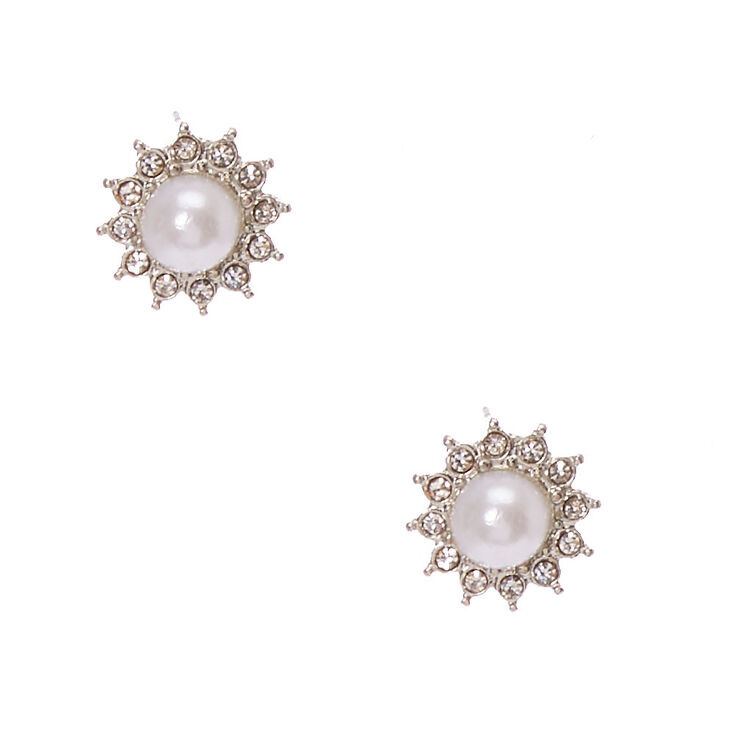 Crystal Framed White Faux Pearl Stud Earrings,