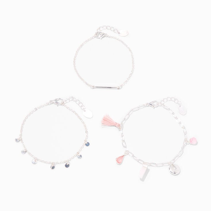 Blush Pink Charm Silver Chain Bracelets - 3 Pack,