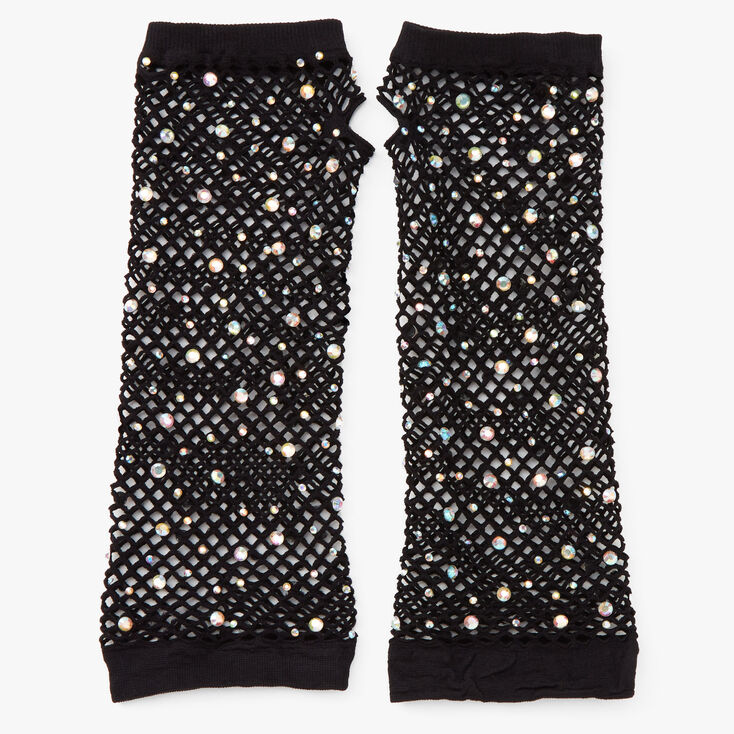 Rhinestone Fishnet Arm Warmers - Black ,