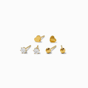 Gold-tone Stainless Steel Cubic Zirconia Heart Stud Earrings - 3 Pack,
