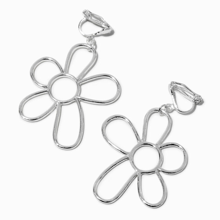 Silver-tone Daisy Outline 1.5&quot; Clip On Drop Earrings,