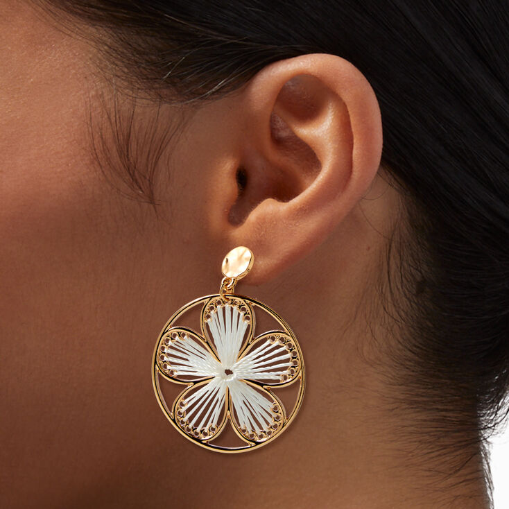 White Threaded Floral Gold-tone 2&quot; Clip-On Drop Earrings ,