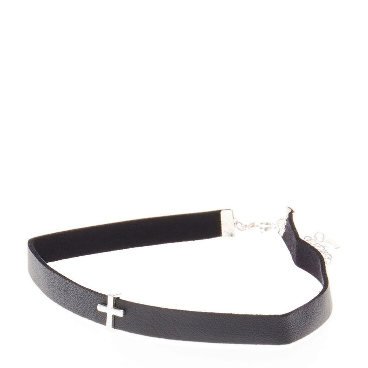 Silver Cross Pendant Black Choker,