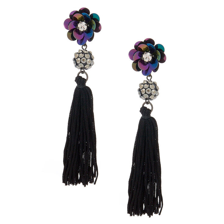 3.5" Floral Sequin Tassel Earrings - Black,