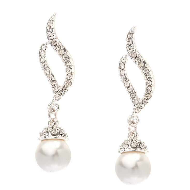 Silver Pearl &amp; Rhinestone 1&quot; Drop Earrings,