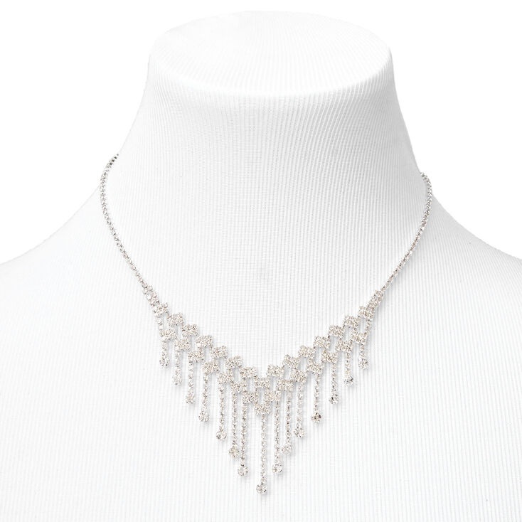 Silver Crystal Waterfall Necklace &amp; Drop Earrings Jewelry Set,