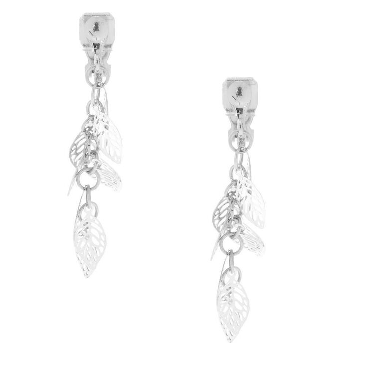 Silver 1.5" Leaf Clip On Drop Earrings,