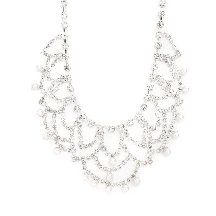 Rhinestone Swag & Pearl Dangle Statement Necklace,