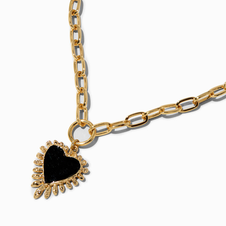 Black Enamel Heart Gold-tone Chain Necklace ,