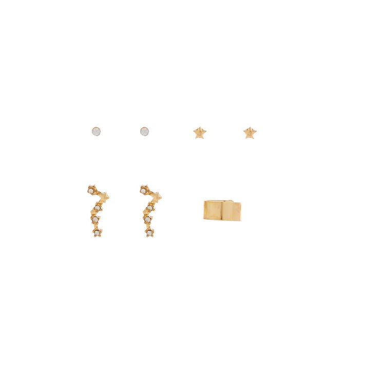 Gold Constellation Stud Earrings, 3 Pack + Free Ear Cuff,
