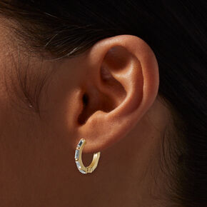 Gold-tone Cubic Zirconia Baguette Clicker Hoop Earrings,