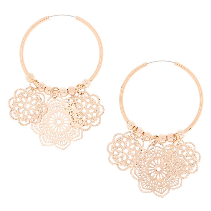 Rose Gold 25MM Filigree Flower Hoop Earrings,
