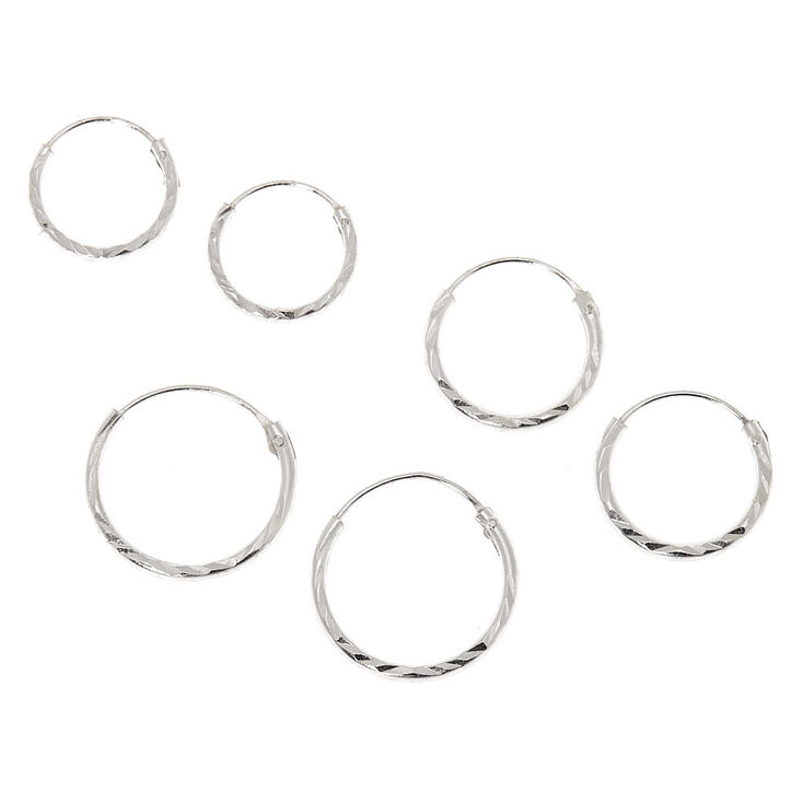 Sterling Silver Graduated Laser Cut Hoop Earrings - 3 Pack,
