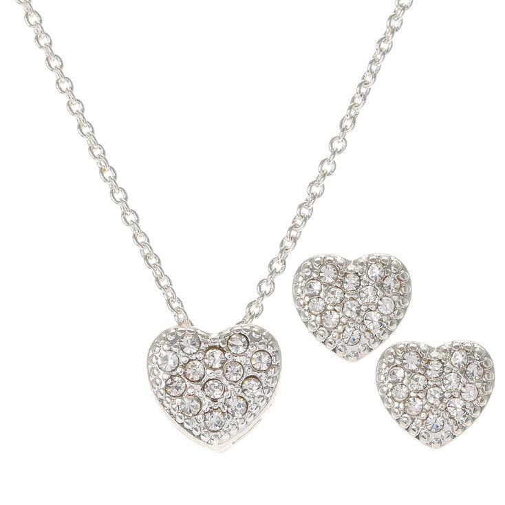 Silver Crystal Heart Necklace & Earrings Set,