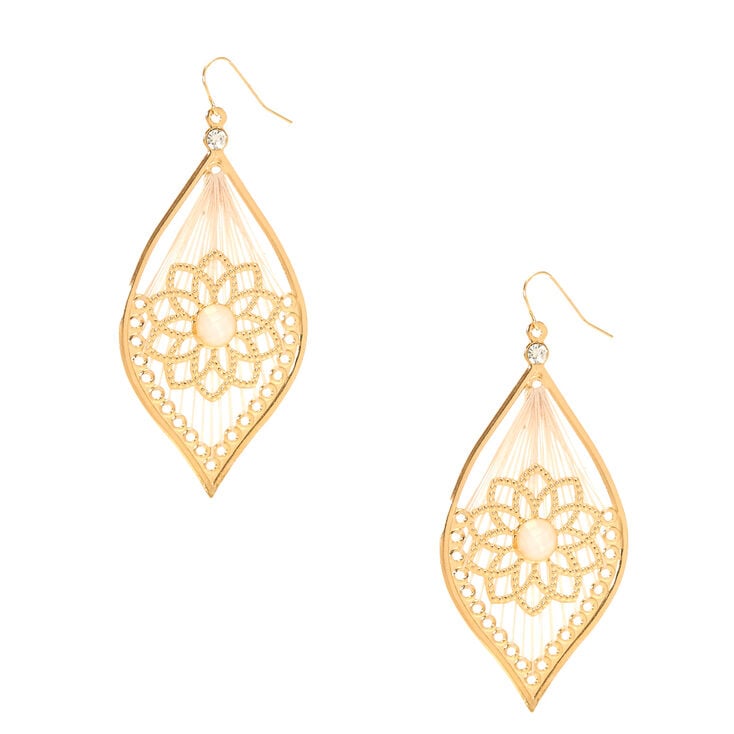 Gold Tone Floral & Ivory Yarn Dreamcatcher Drop Earrings,