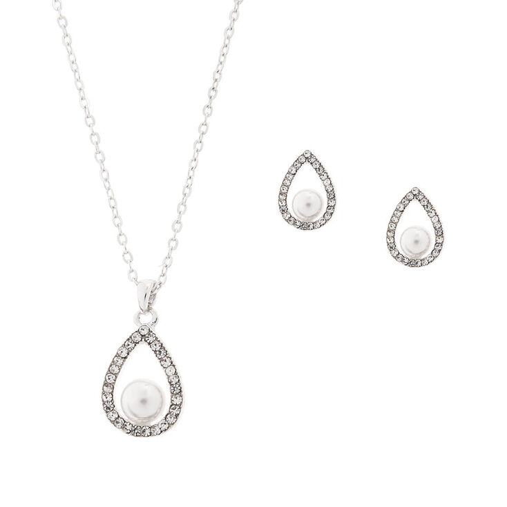 Rhinestone Teardrops with Pearls Pendant Necklace & Stud Earrings Set,