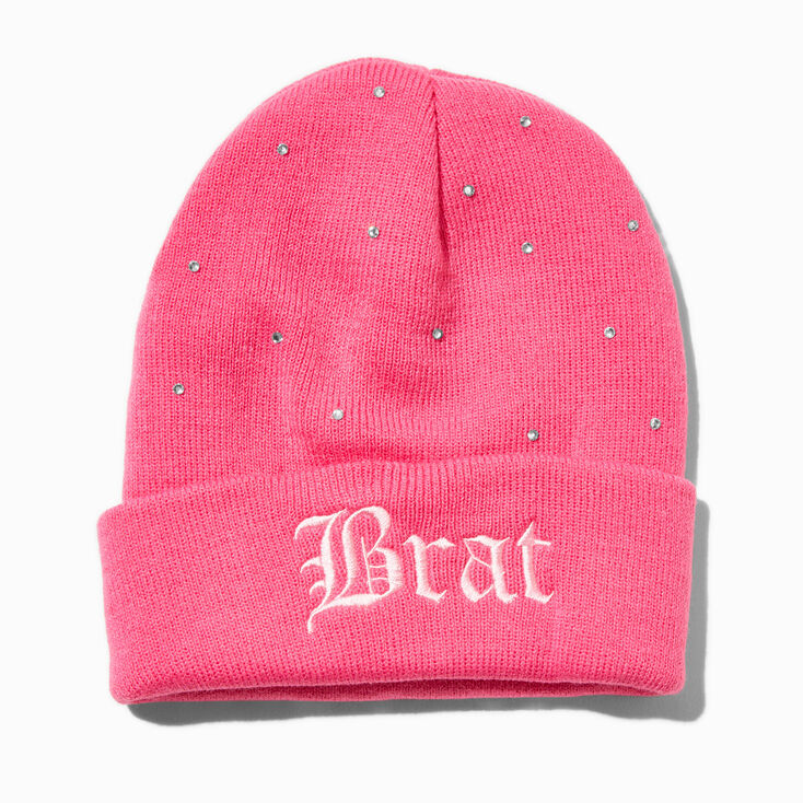 &quot;Brat&quot; Rhinestone Studded Knit Beanie Hat,