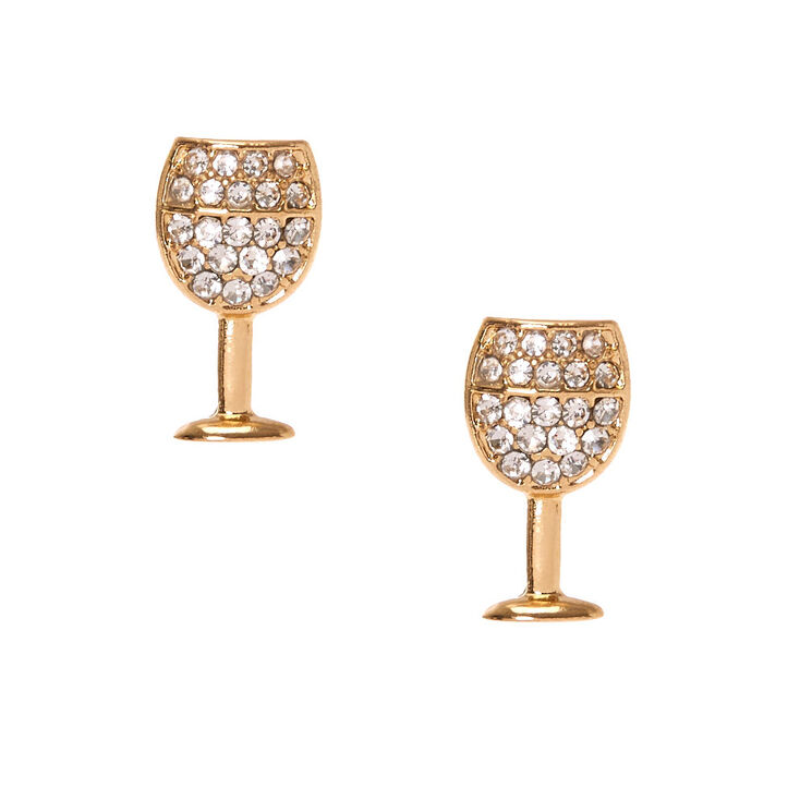 Gold Tone Clear Faux Crystal Studded Wine Glass Stud Earrings,