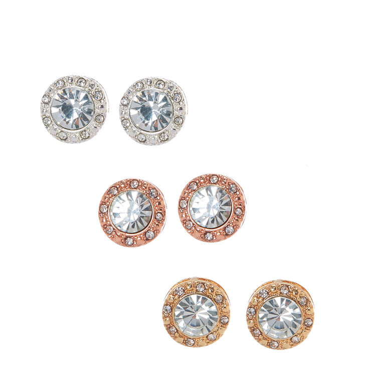 Mixed Metal Clear Crystal Halo Stud Earrings,