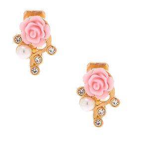 Gold Crystal Rose Clip On Stud Earrings - Pink,