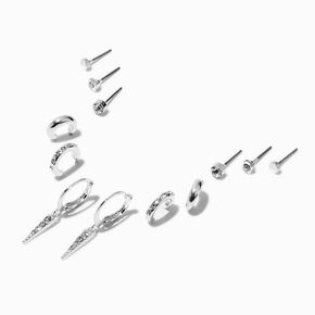 Silver-tone Crystal Spike Hoop Stack Earring Set - 6 Pack ,