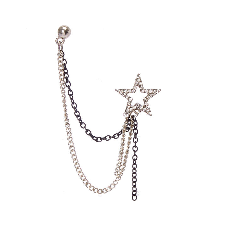 Silver Tone & Black Star Chain Earrings,