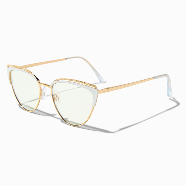 White Browline Gold Metal Cat Eye Clear Lens Frames,