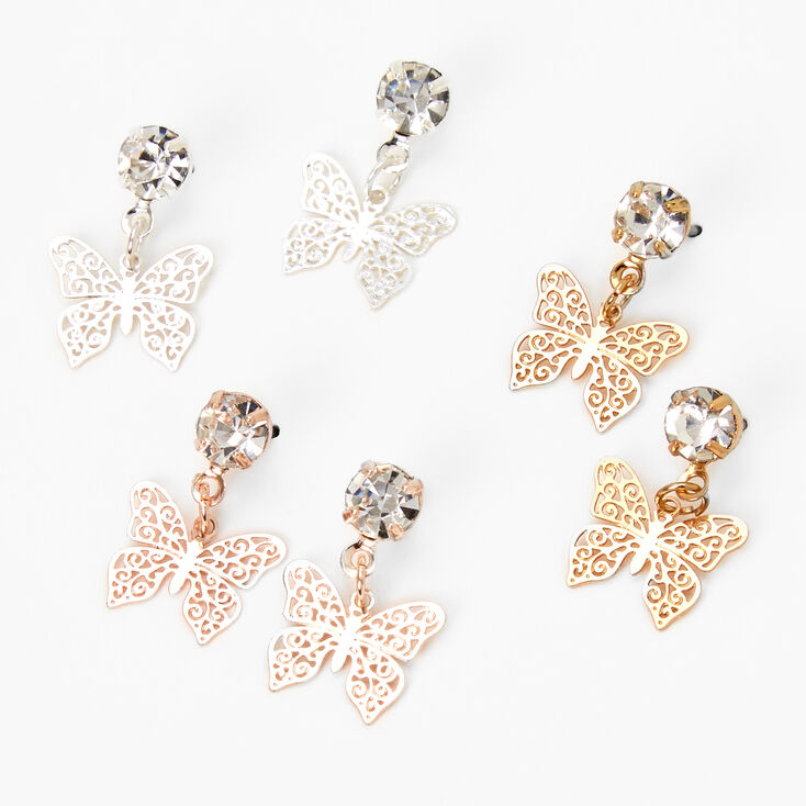 Mixed Metal 0.5&quot; Filigree Butterfly Drop Earrings - 3 Pack,