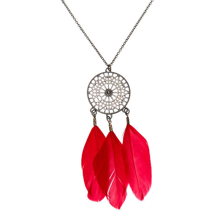 Hematite Dreamcatcher Long Pendant Necklace - Red,
