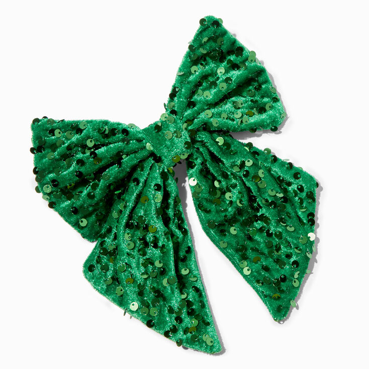 Green Velvet Sequin Large Hair Bow Clip,