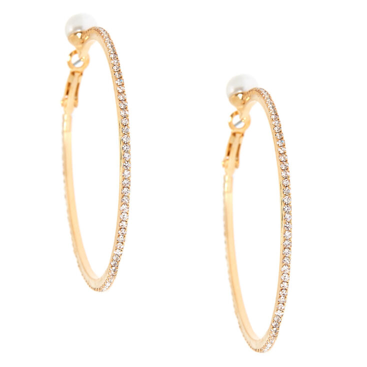 Gold 50MM Pearl & Glass Rhinestone Hoop Earrings,