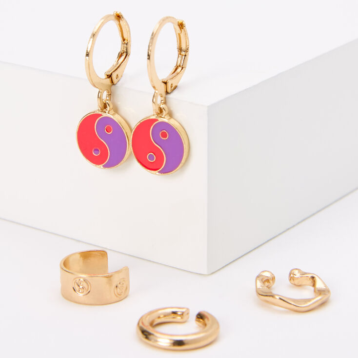 Yin Yang Huggie Hoop Ear Cuffs Set - 4 Pack,