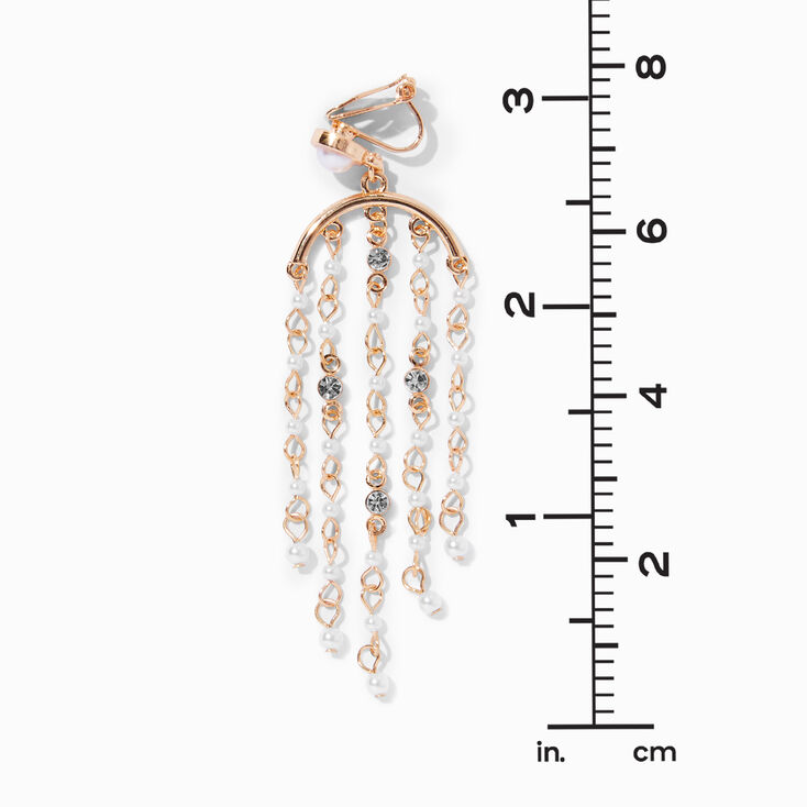 Gold Pearl Crystal Chandelier 3&quot; Drop Clip-On Earrings,