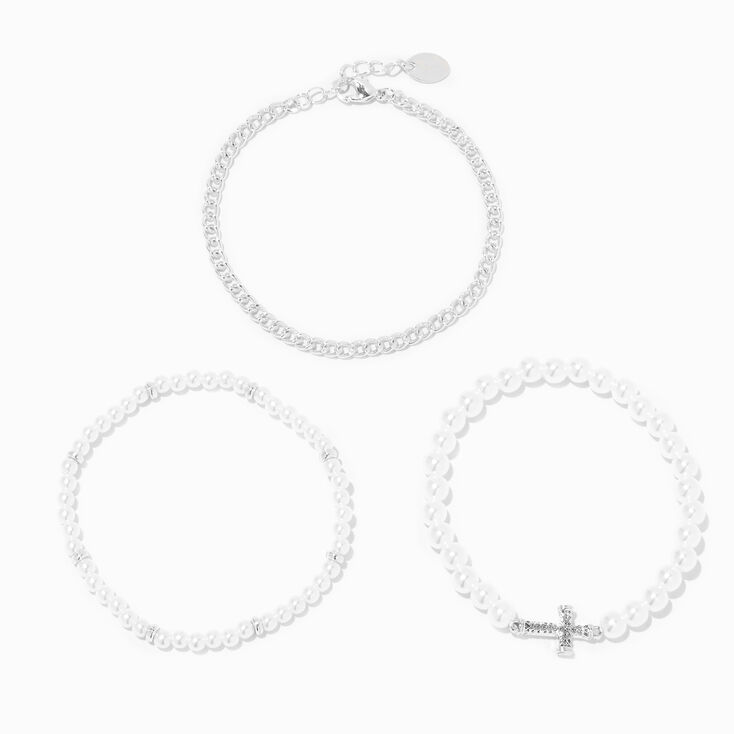 White Pearl Beaded &amp; Cross  Bracelet Set - 3 Pack,